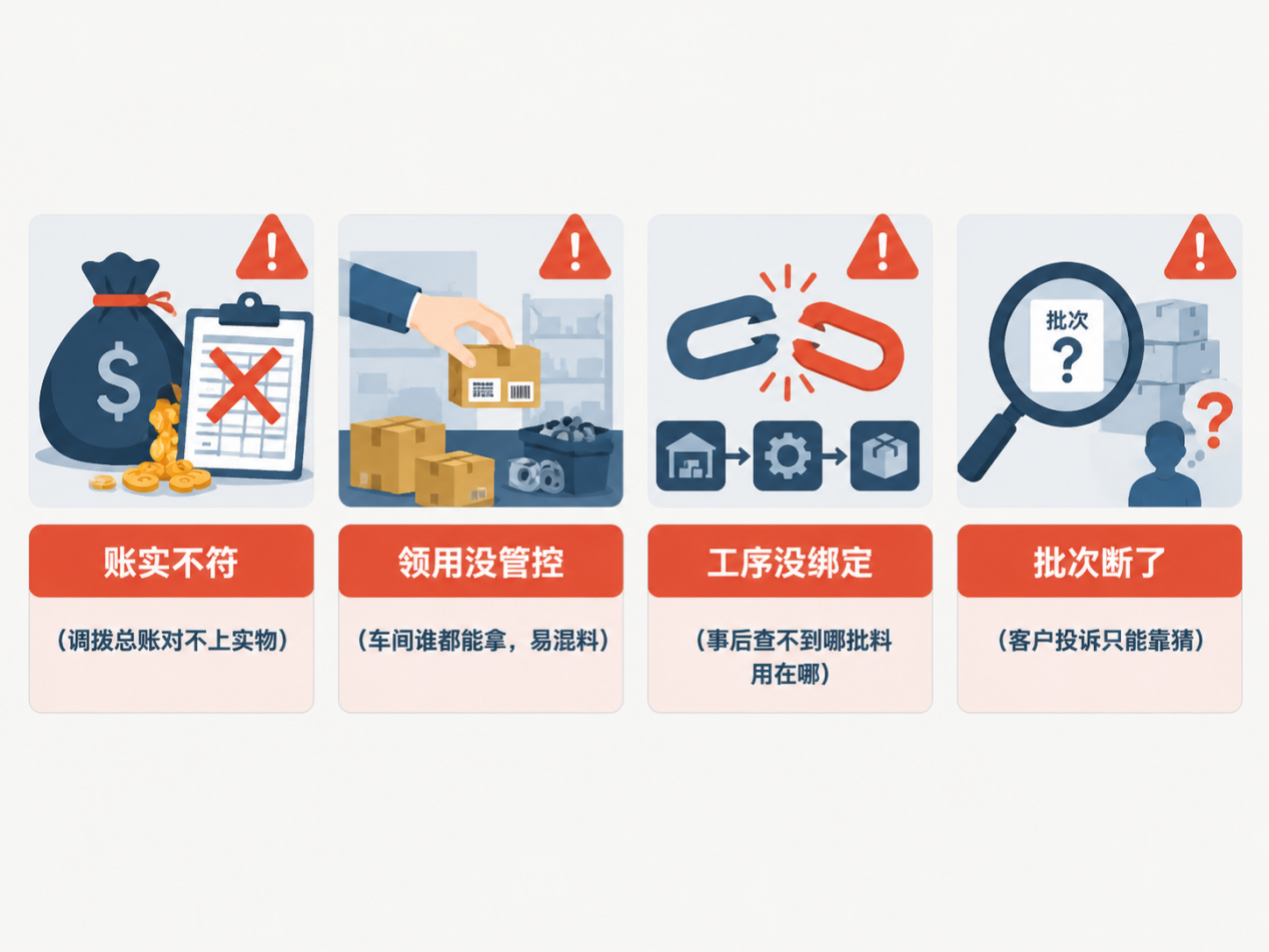 车间线边仓四大痛点图-账实不符领用没管控工序没绑定批次断了-盈致科技MES系统